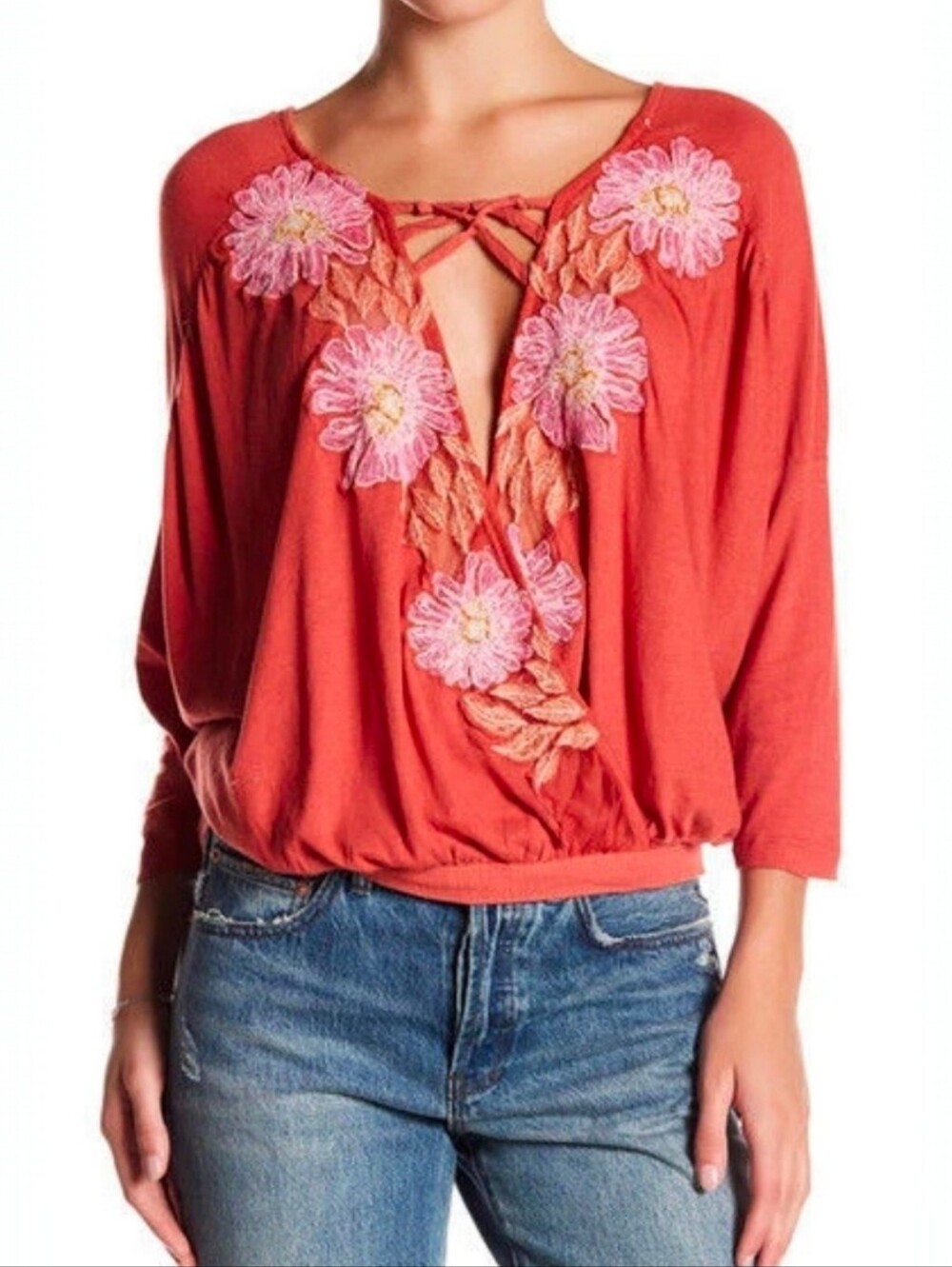 Free People Floral Embroidered Surplice Top Rust Terracotta Boho Blouse M